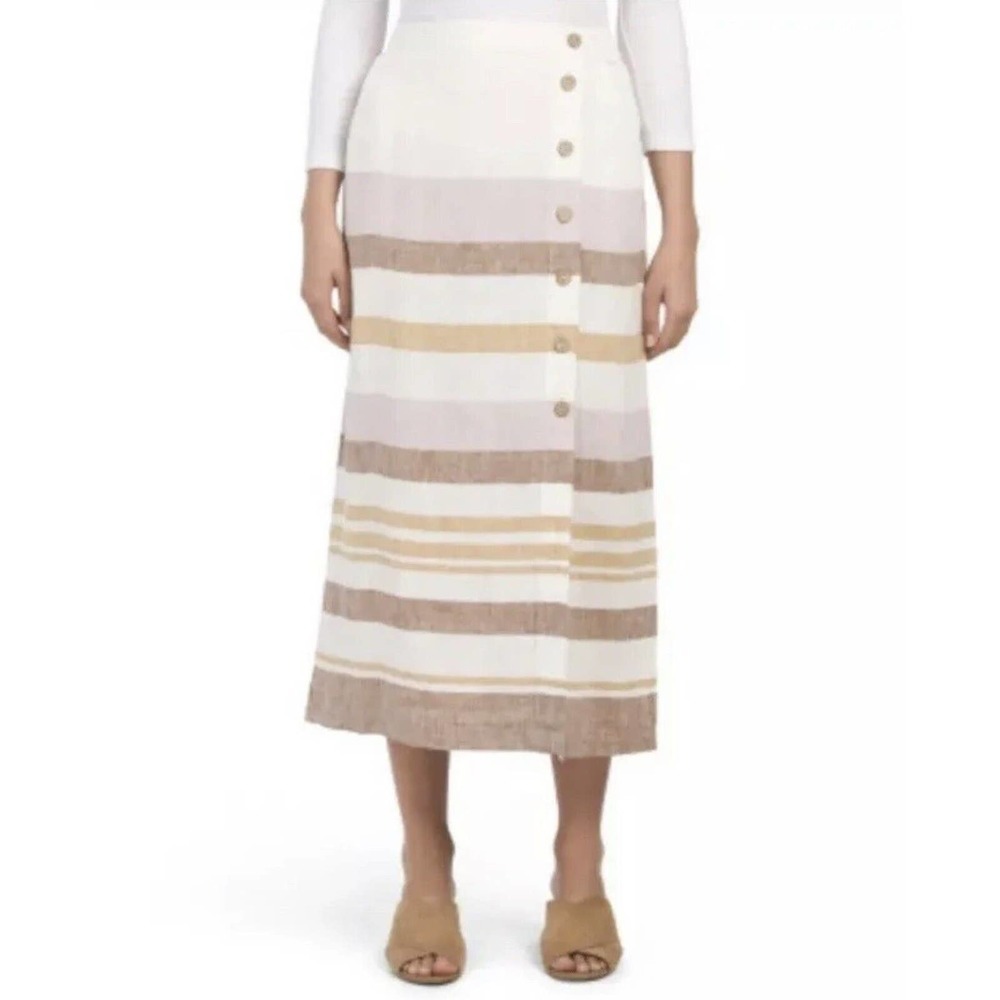Rachel Zoe Maxi Skirt Linen Button Up Striped Tan Elastic Waist Size XL NEW